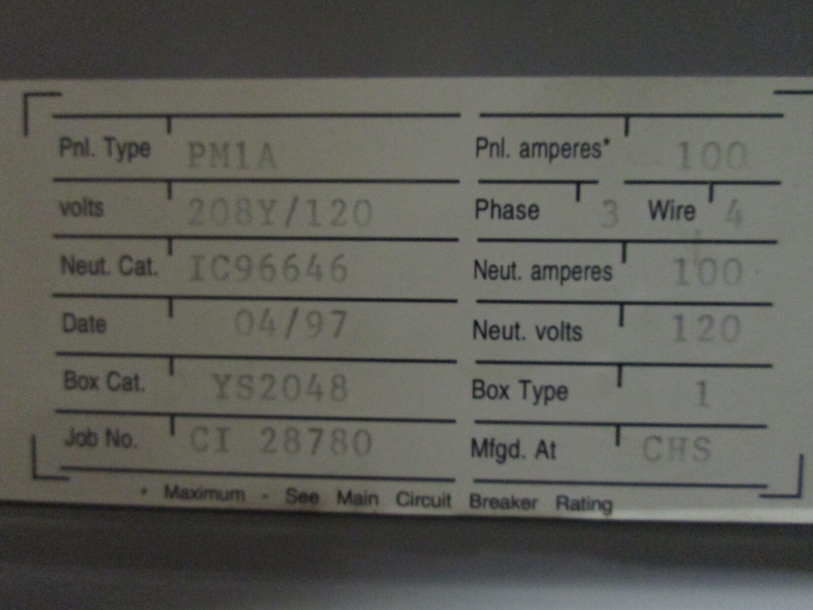 Challenger Main Breaker Breaker Panel PM1A 100A Main EHD 3100 120V 3Ph 4W Used