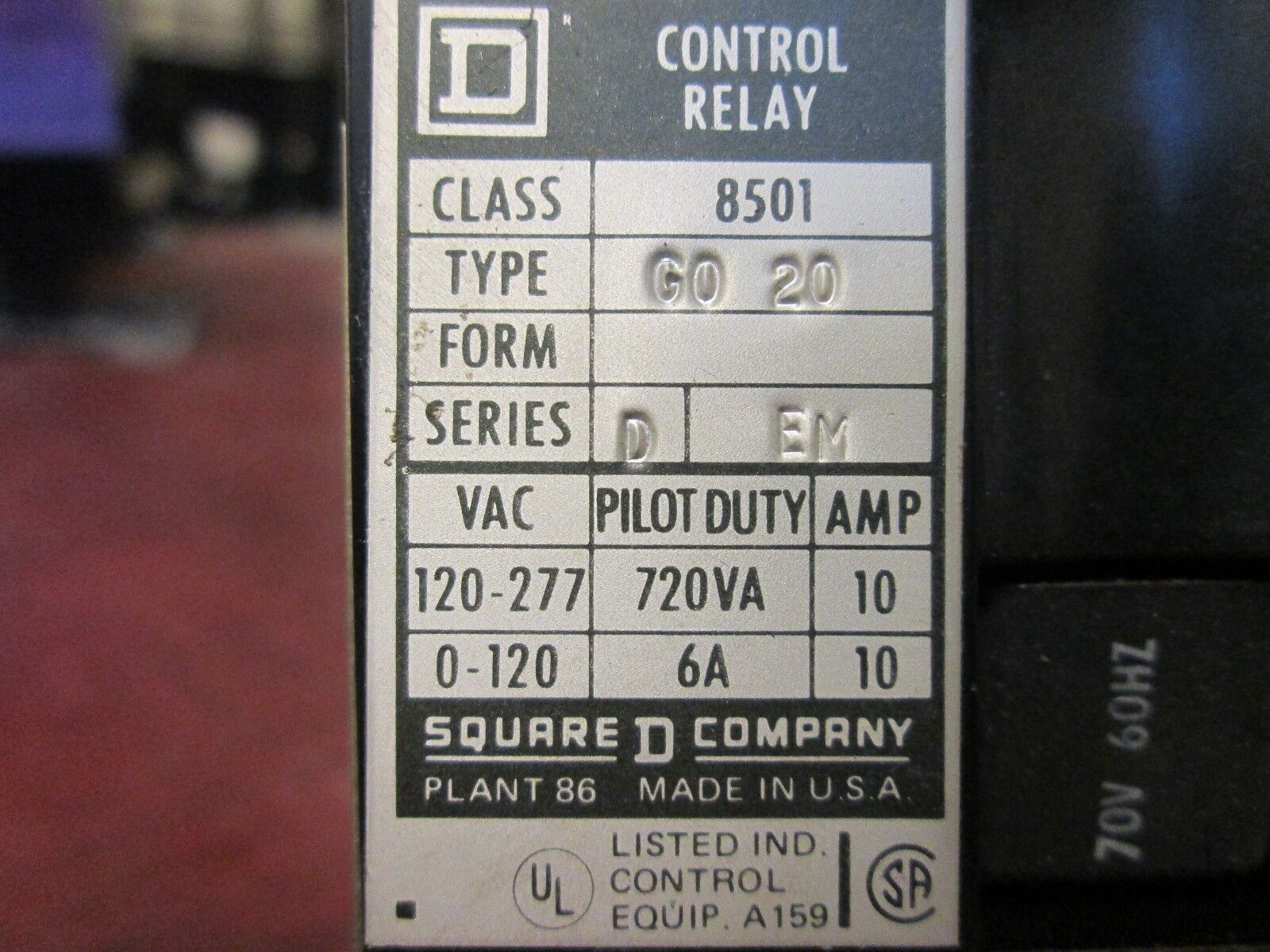 Square D Control Relay 8501G020 10A 0-277V 70V Coil Used