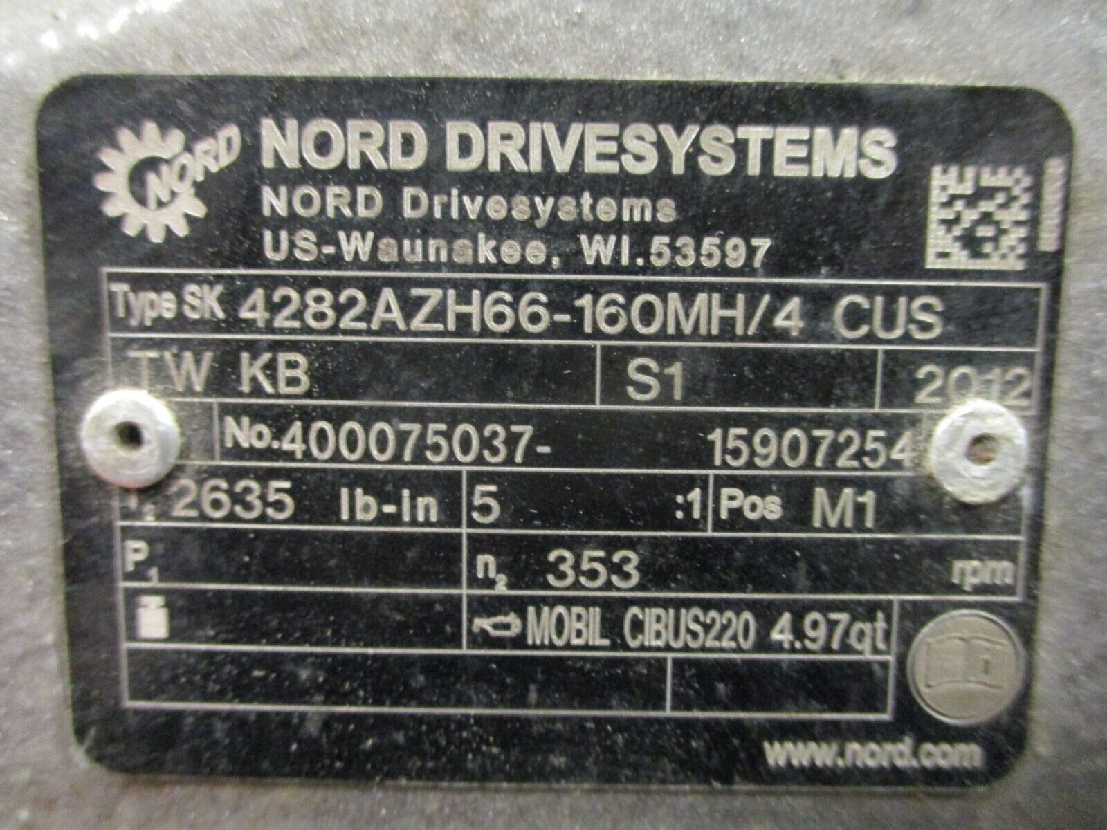 Nord Drive Systems Gearmotor Type SK160MH/4 TWKB 230/460V 60HZ 15HP 1800RPM Used