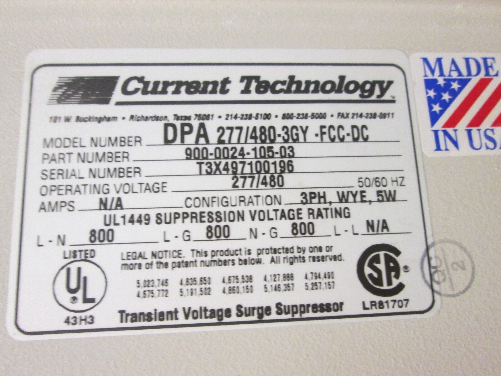 Current Technology Transient Voltage Surge Suppressor DPA277/480-3GY-FCC-DC Used