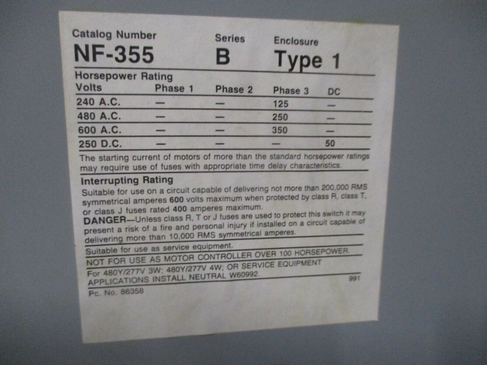 Siemens Non-Fusible Safety Switch NF355 400A 600V 3Ph Type 1 Enclosure Used