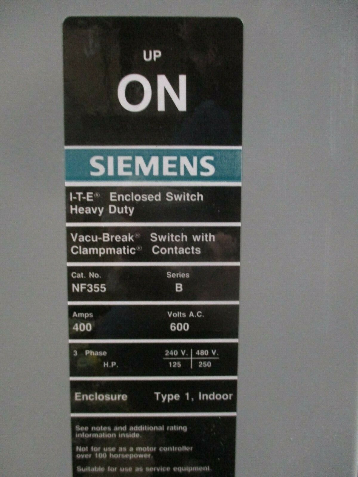 Siemens Non-Fusible Safety Switch NF355 400A 600V 3Ph Type 1 Enclosure Used