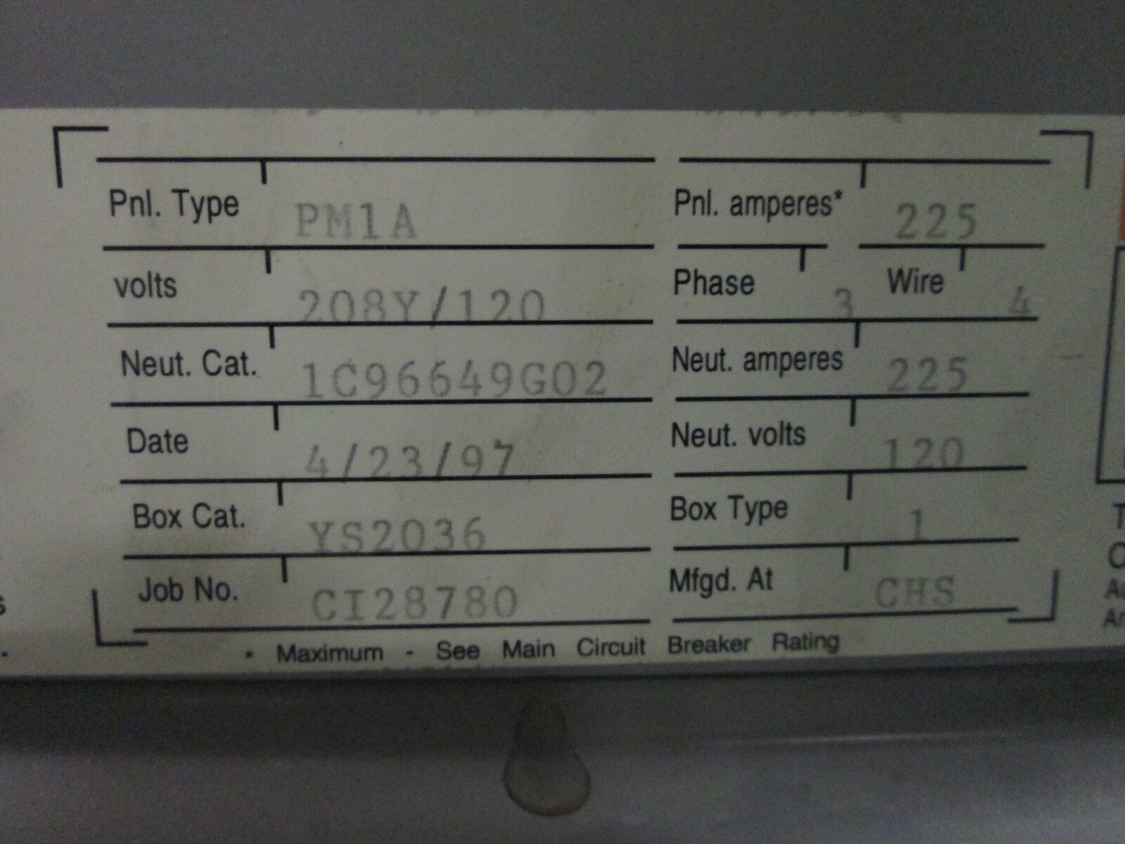 Challenger Main Circuit Breaker Panel PM1A 225A Main CED3225 208Y/120V 3Ph 3W