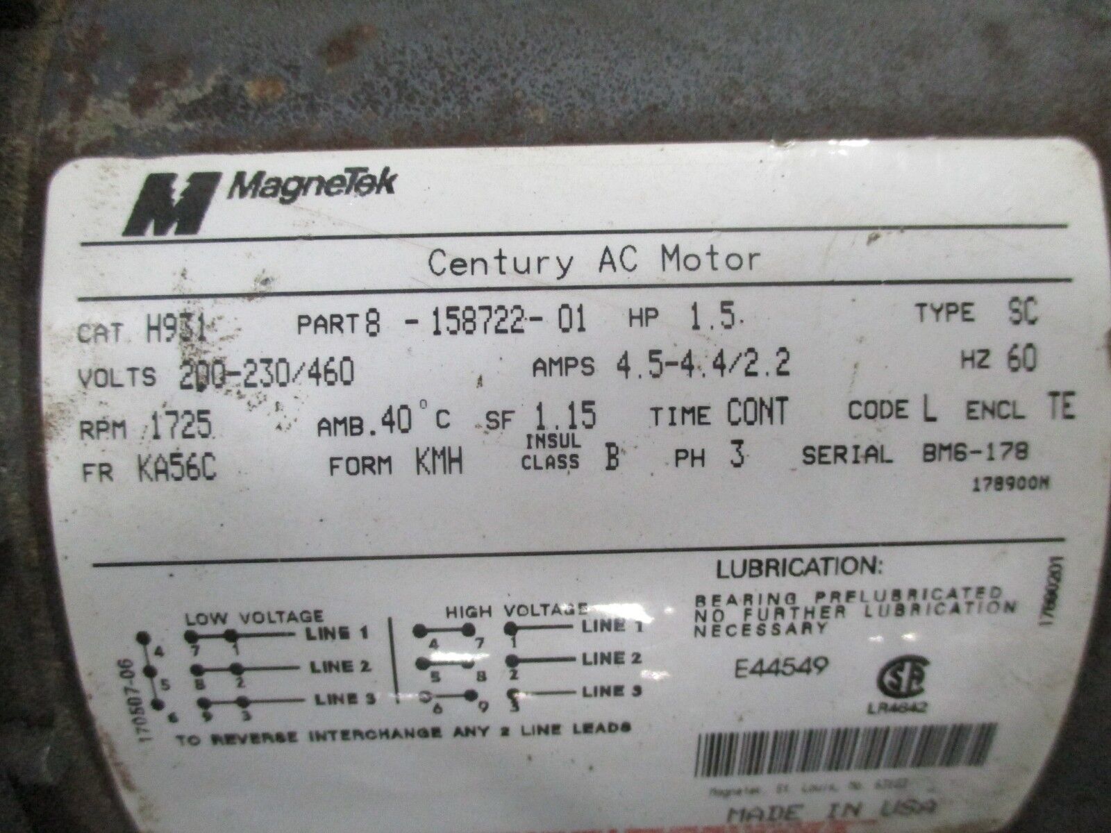 Century AC Motor w/ Gear H931 1.5HP 1800RPM 200-230/460V 4.5-4.4/2.2A FR:KA56C