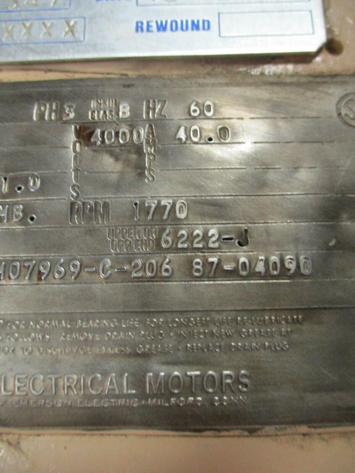 US Motors AC Motor 300HP 1800RPM 4000V 5009 Frame 3Ph 60Hz Used