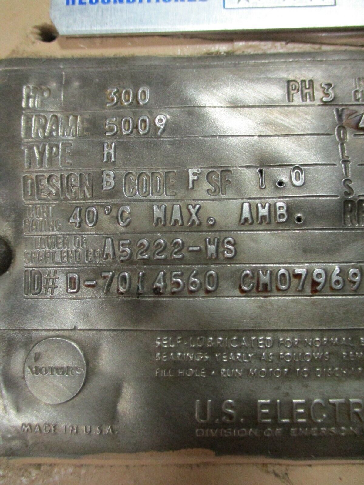 US Motors AC Motor 300HP 1800RPM 4000V 5009 Frame 3Ph 60Hz Used