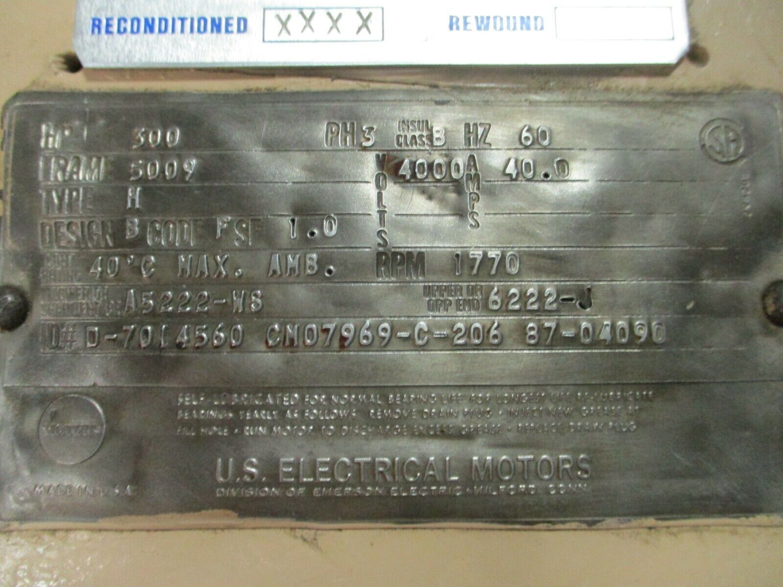 US Motors AC Motor 300HP 1800RPM 4000V 5009 Frame 3Ph 60Hz Used