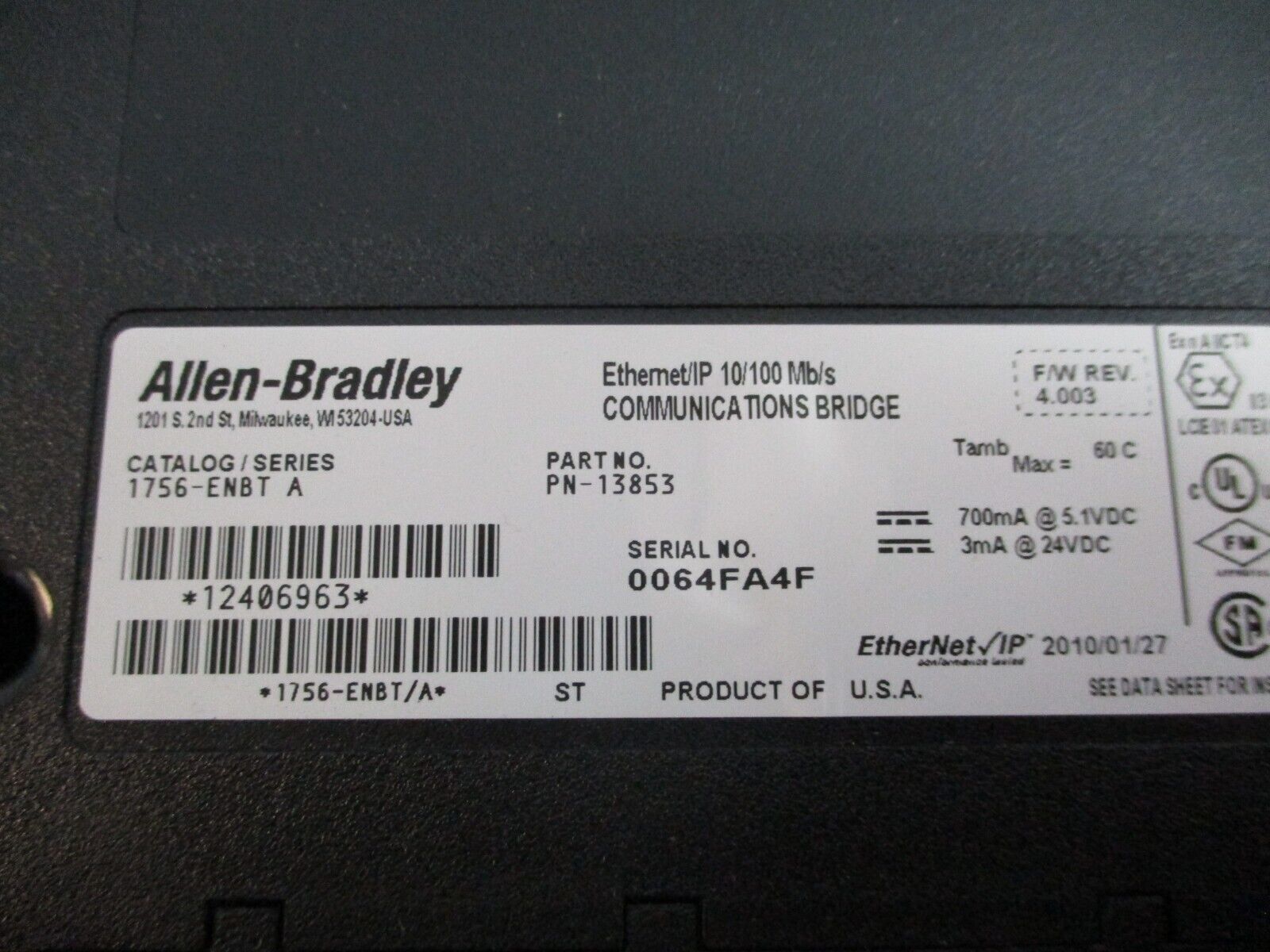 Allen-Bradley Ethernet/IP Comm. Bridge Module 1756-ENBT Ser. A F/W Rev: 4.003
