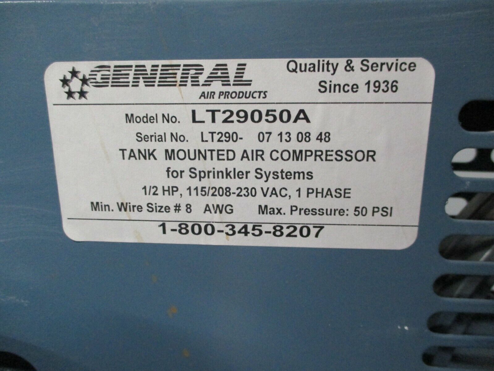 General Air Tank Mounted Air Compressor LT29050A 1/2HP 115/208-230V 1Ph 50PSI