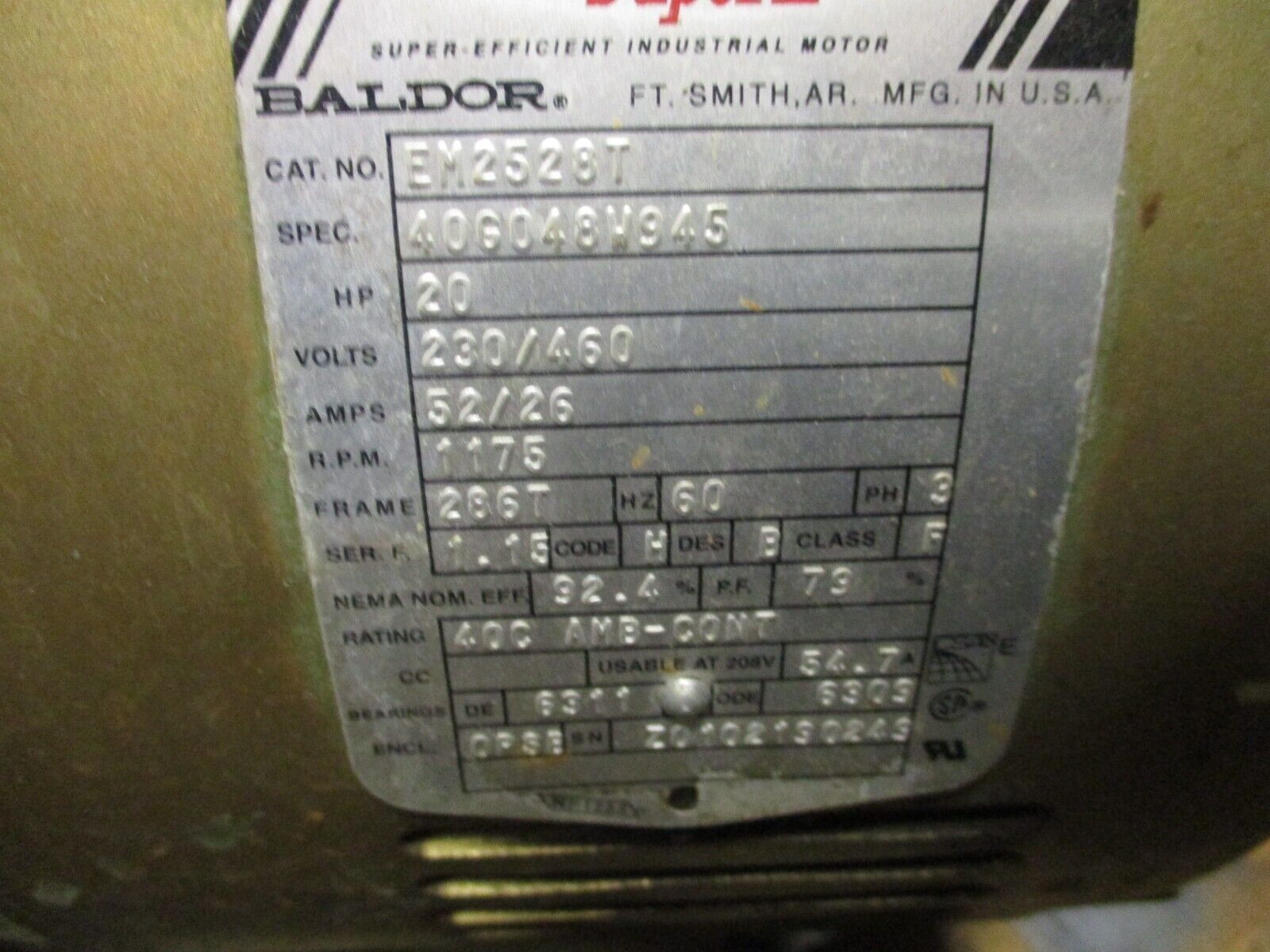 Baldor Motor EM2528T 20HP 1200RPM 230/460V 52/26A 60Hz 3Ph Used