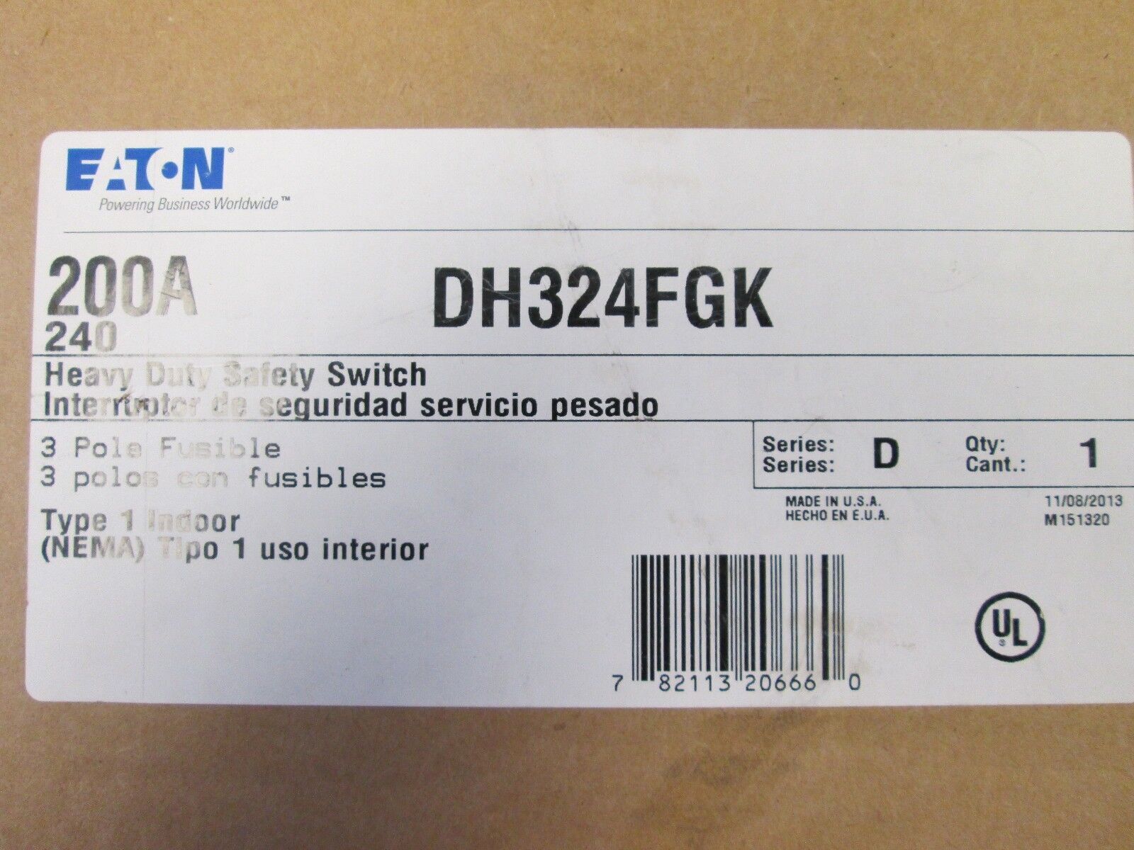Cutler-Hammer Fusible Safety Switch DH324FGK 200A 240V 3P New Surplus