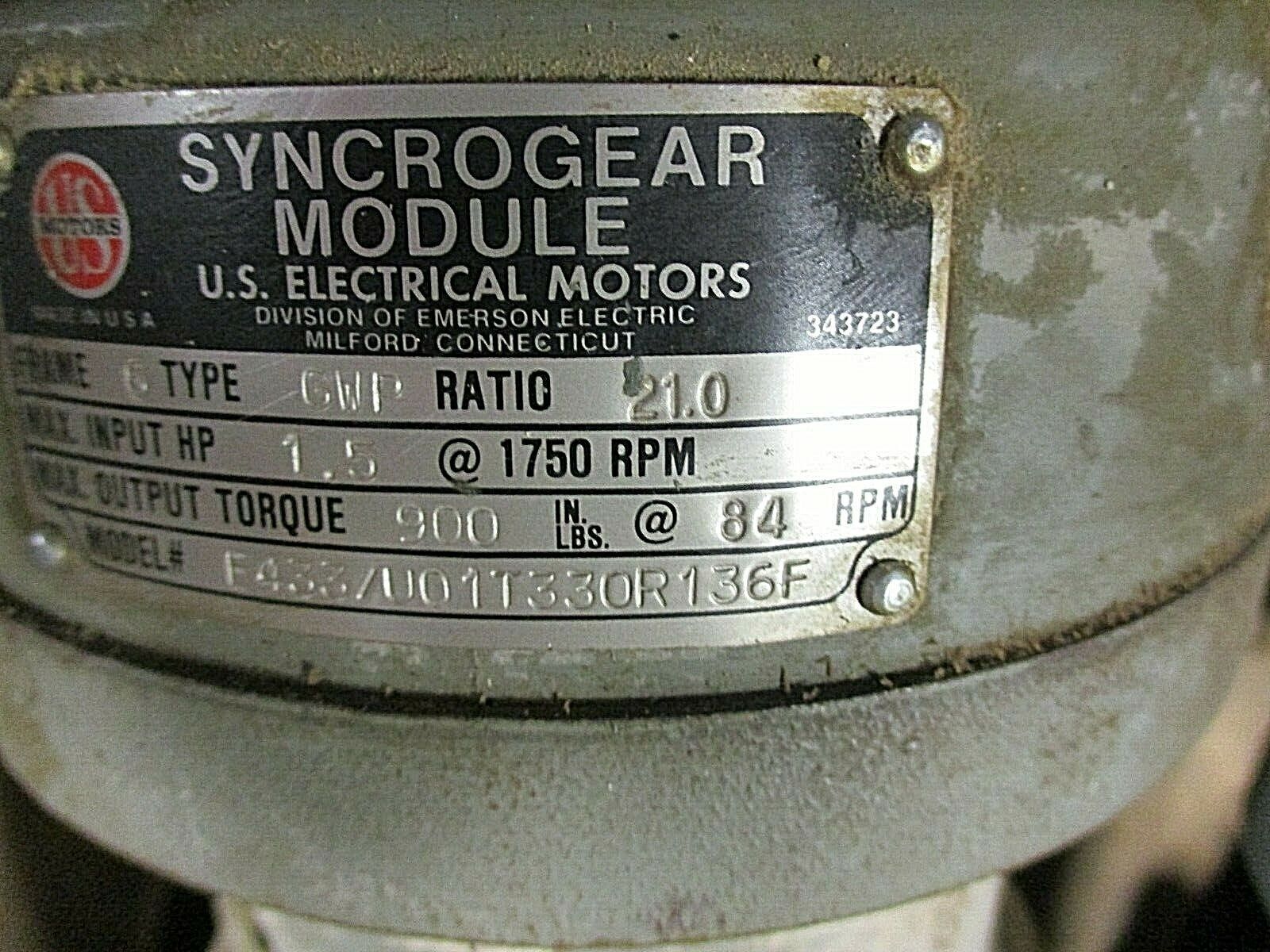 US Motors Syncrogear Module E433/U01T330R136F Ratio: 21:1 1.5HP Input Used