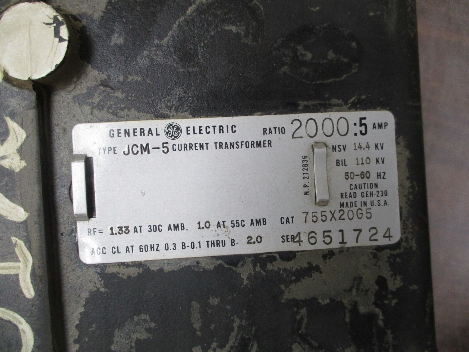 GE Type JCM-5 Current Transformer 755X20G5 Ratio 2000:5A 50-60Hz 110KV BIL Used