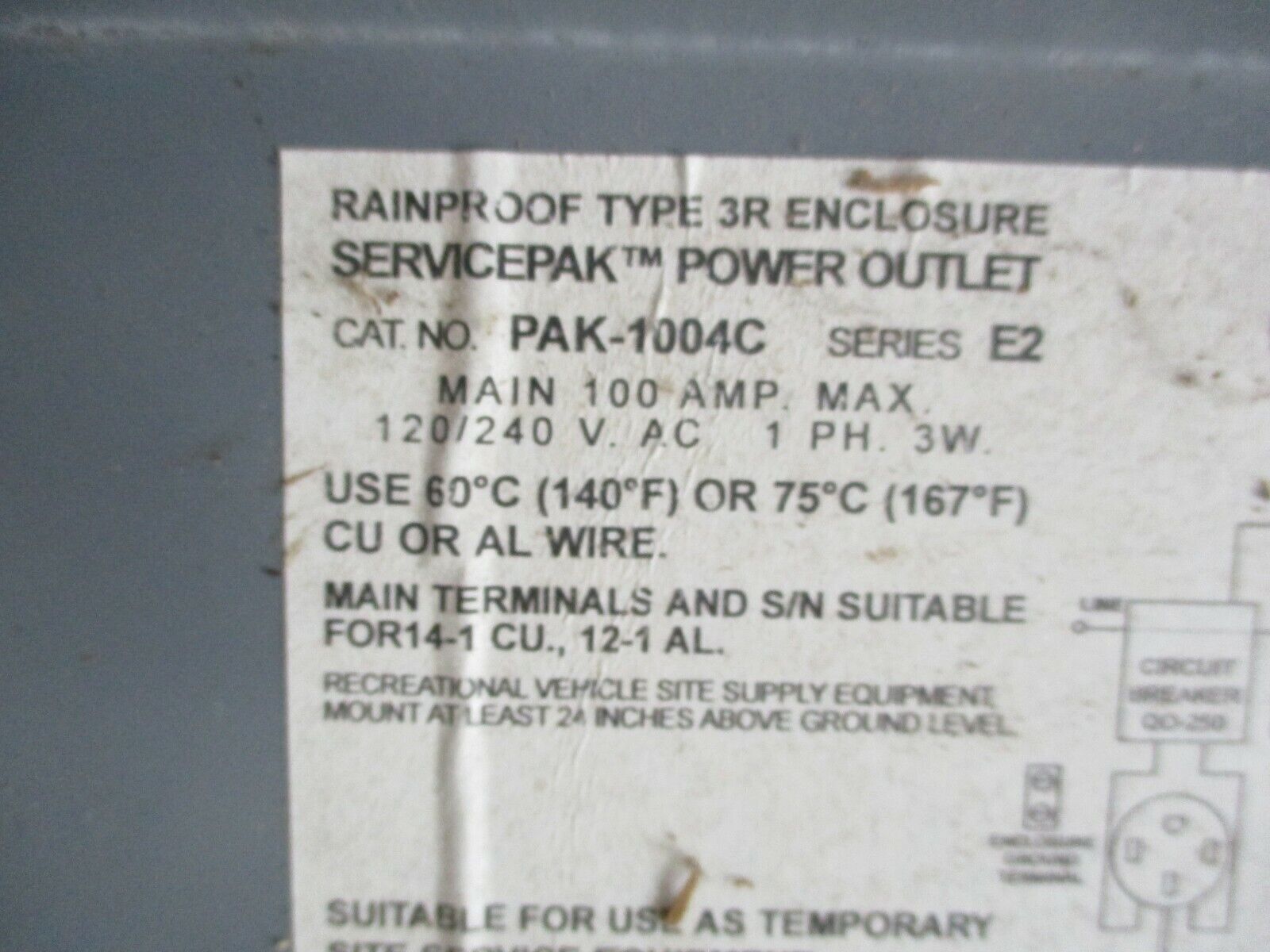 Square D 3R Servicepak Power Outlet PAK-1004C Ser E2 100A Main 120/240V 1Ph Used