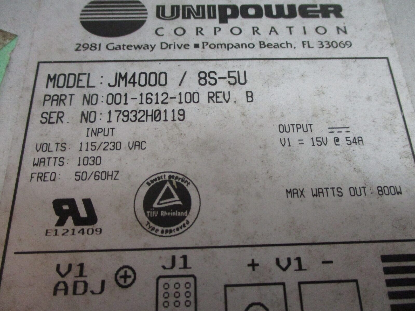 Unipower JM4000/8S-5U Power Supply 001-1612-100 Rev. B 800W Output: V1=15V @ 54A