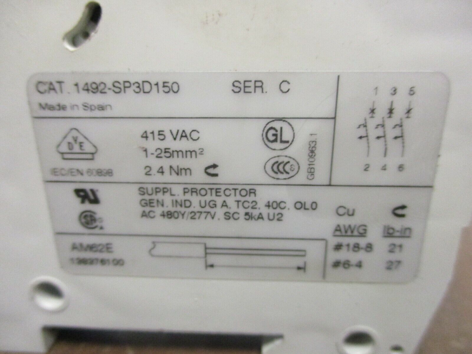 Allen-Bradley Circuit Breaker 1492-SP3D150 Ser. C 15A 480Y/277V 3P Used