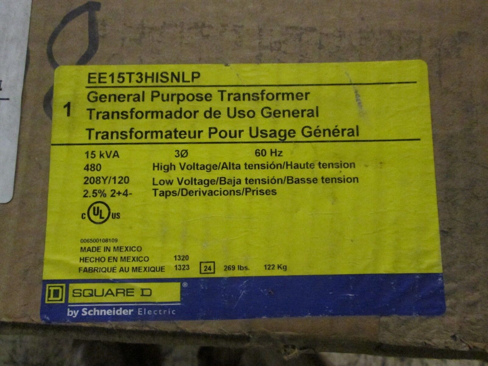 Square D Transformer EE15T3HISNLP 15KVA 3Ph Pri 480V Sec 208Y/120V