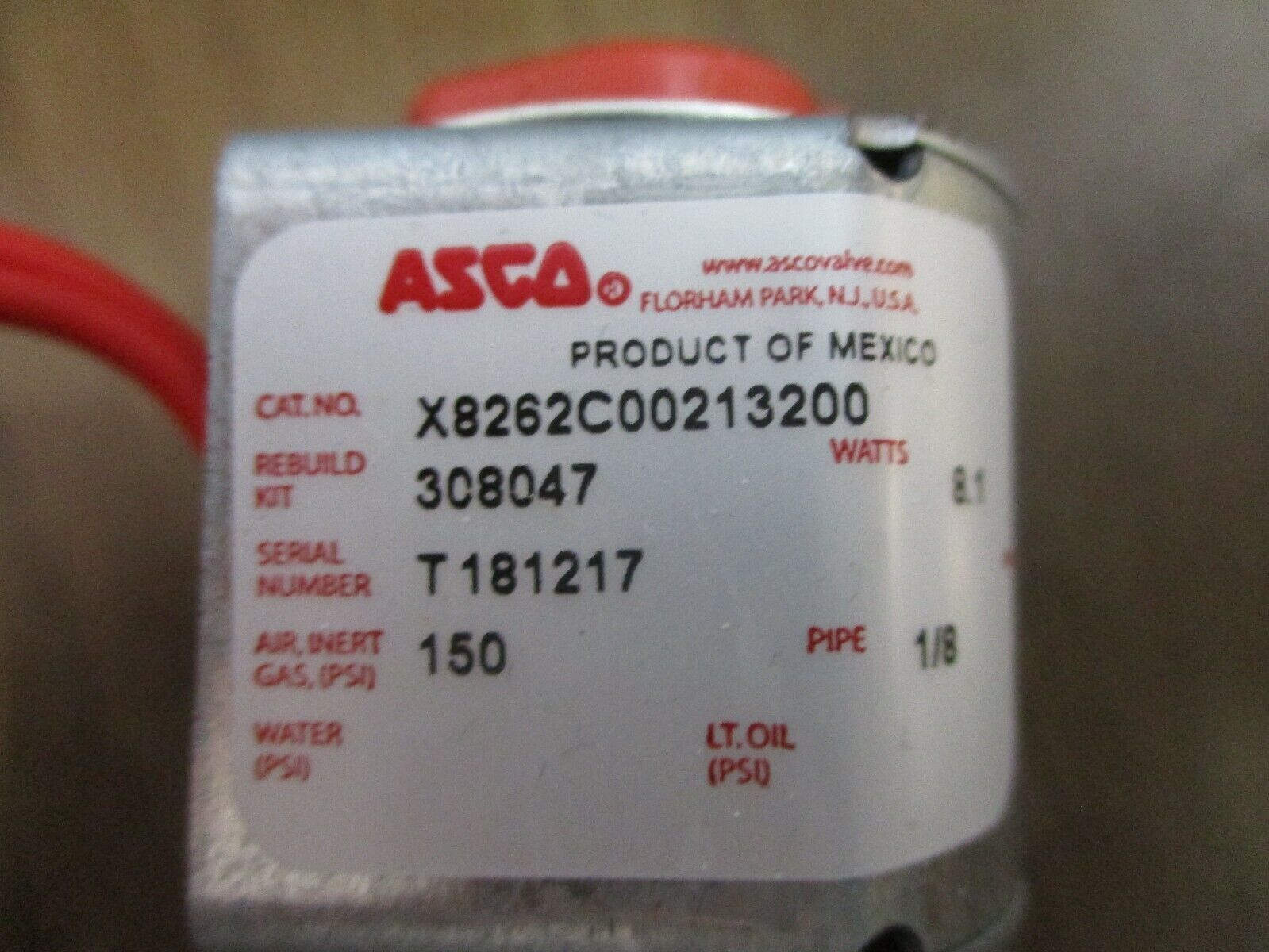 Asco Red Hat Solenoid Valve X8262C00213200 110/120V 50/60Hz New Surplus