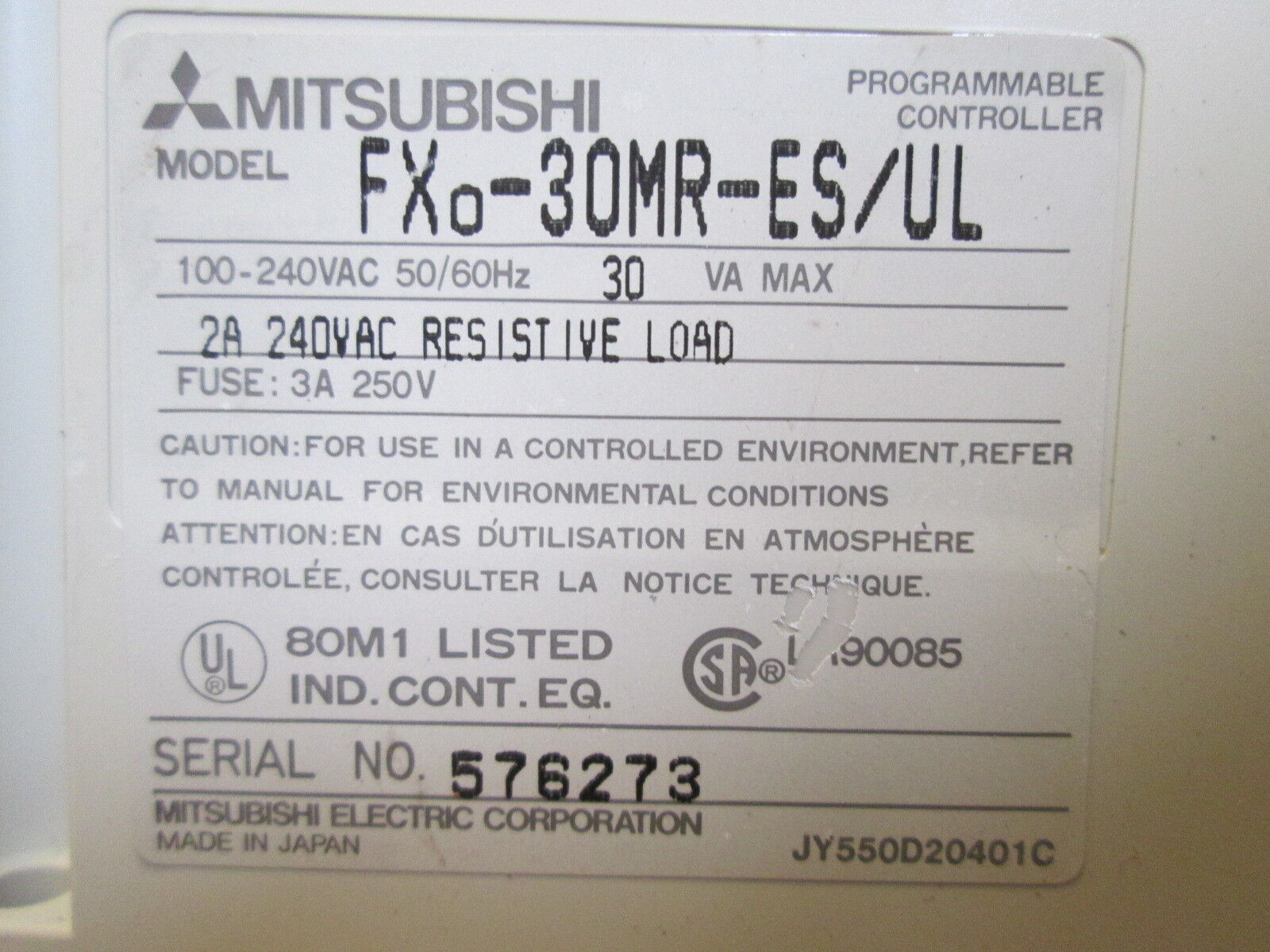Mitsubishi Programmable Controller FXO-30MR-ES/UL 100-240V 50/60Hz 30VA Used