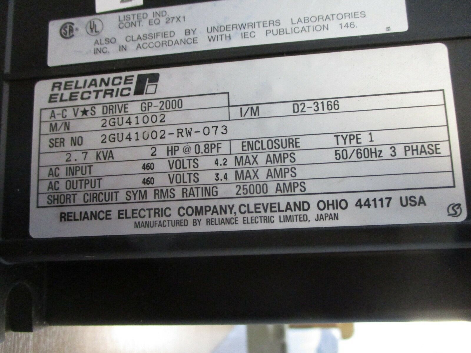 Reliance GP-2000 AC VS Drive 2GU41002 2 HP 3Ph Used