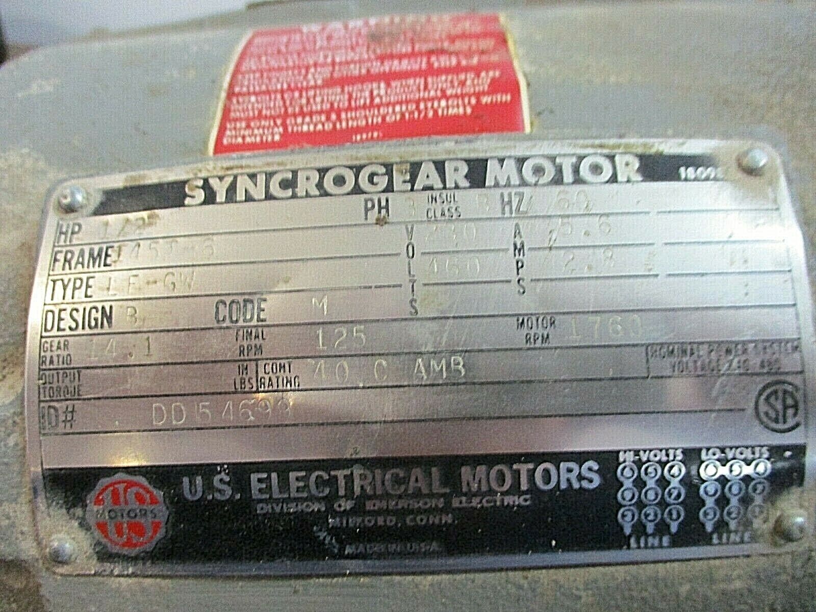 US Motors Syncrogear Motor DD54699 Ratio: 14.1:1 0.5HP 1800RPM 5.6A 230/460V
