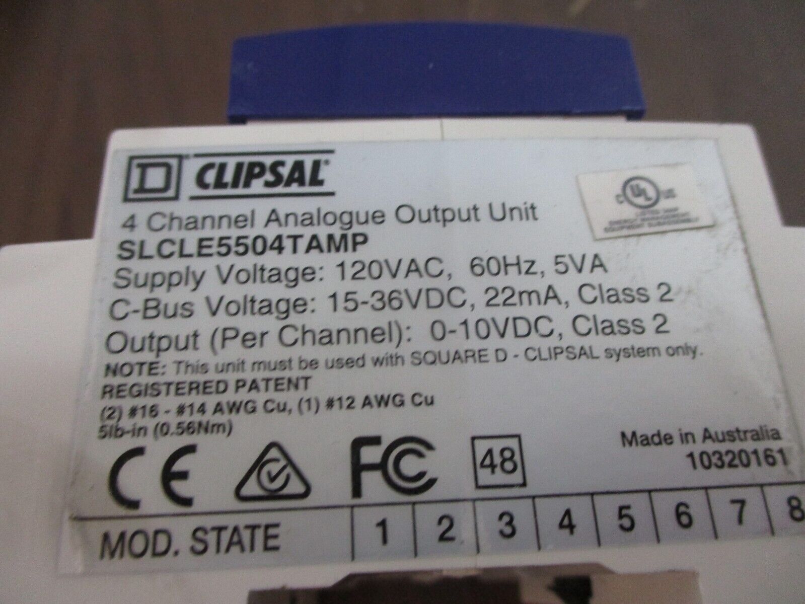 Square D Clipsal 4-Ch Analogue Output Unit SLCLE5504TAMP Supply: 120VAC 60Hz 5VA