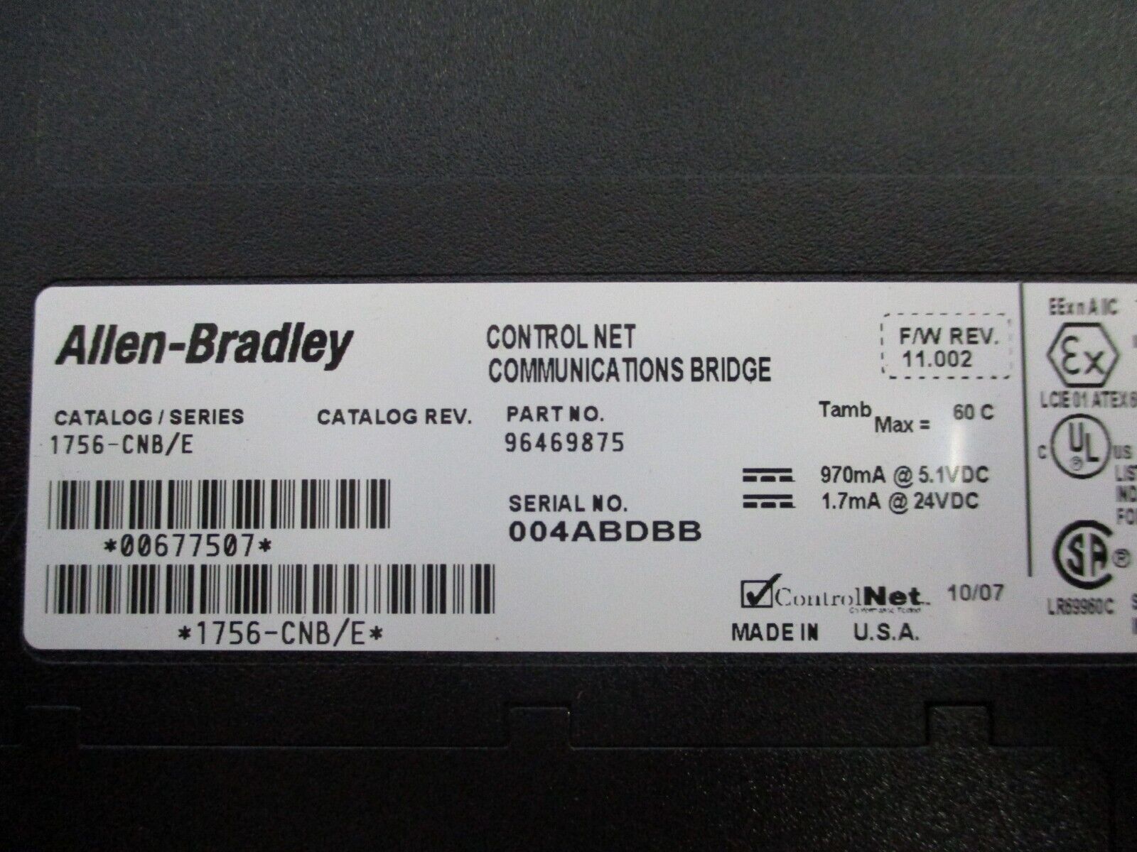 Allen-Bradley ControlNet Comm. Bridge Module 1756-CNB Ser. E F/W Rev. 11.002