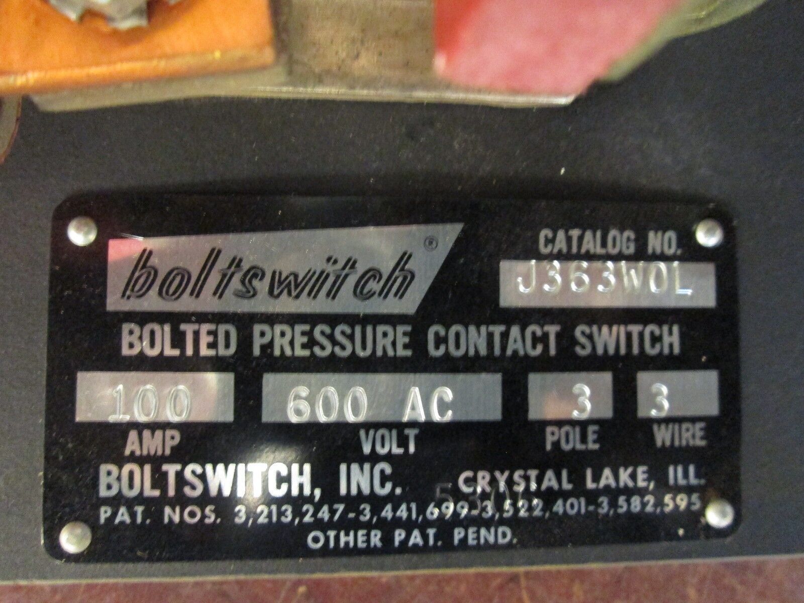 Boltswitch Bolted Pressure Contact Switch J363W0L 100A 600V 3P 3W w/ 100A Fuses