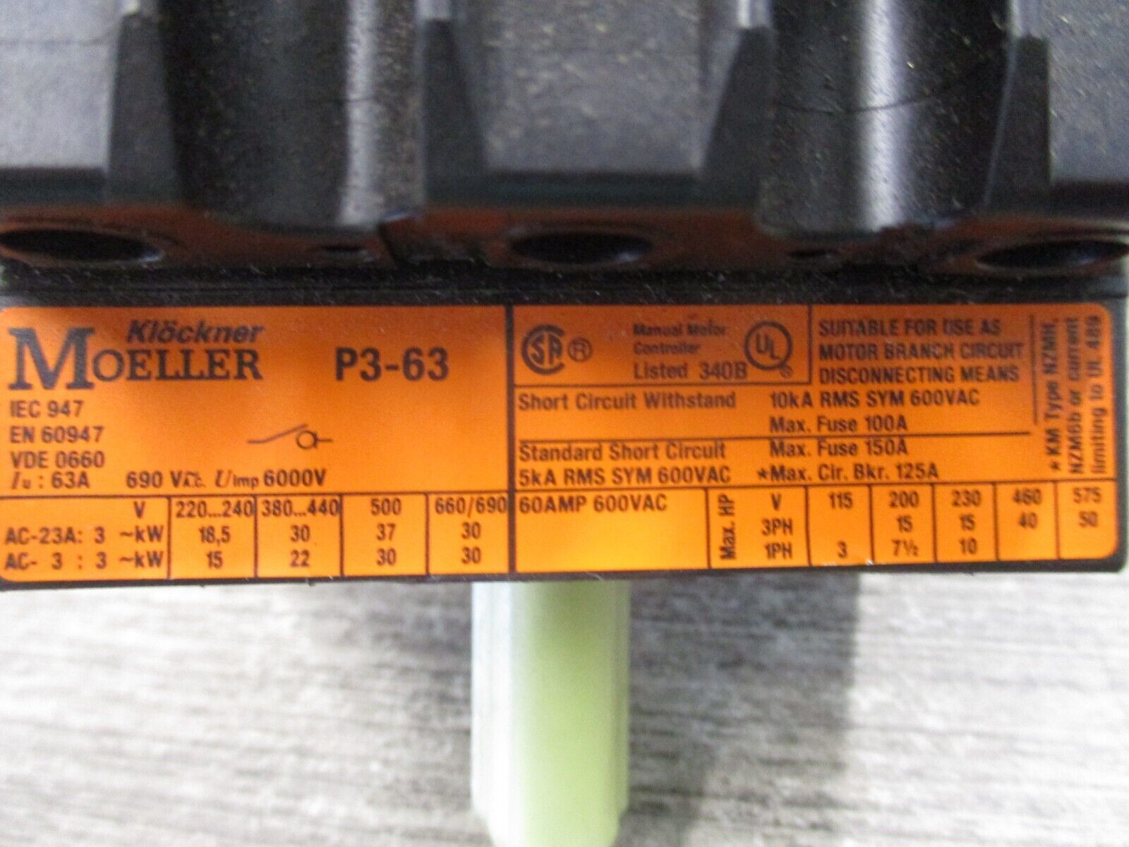 Klockner Moeller Disconnect Switch P3-63 60A 600V 3P *No Handle* Used