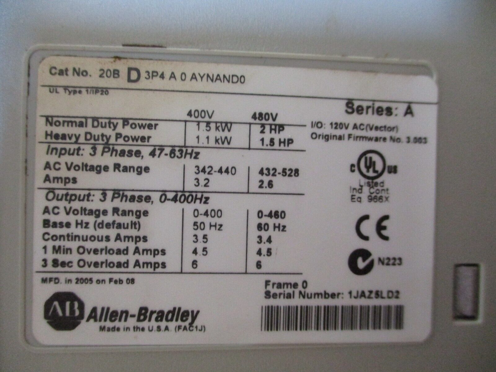 Allen-Bradley PowerFlex 700 AC Drive 20BD3P4A0AYNAND0 2HP 3Ph w/ Keypad Used