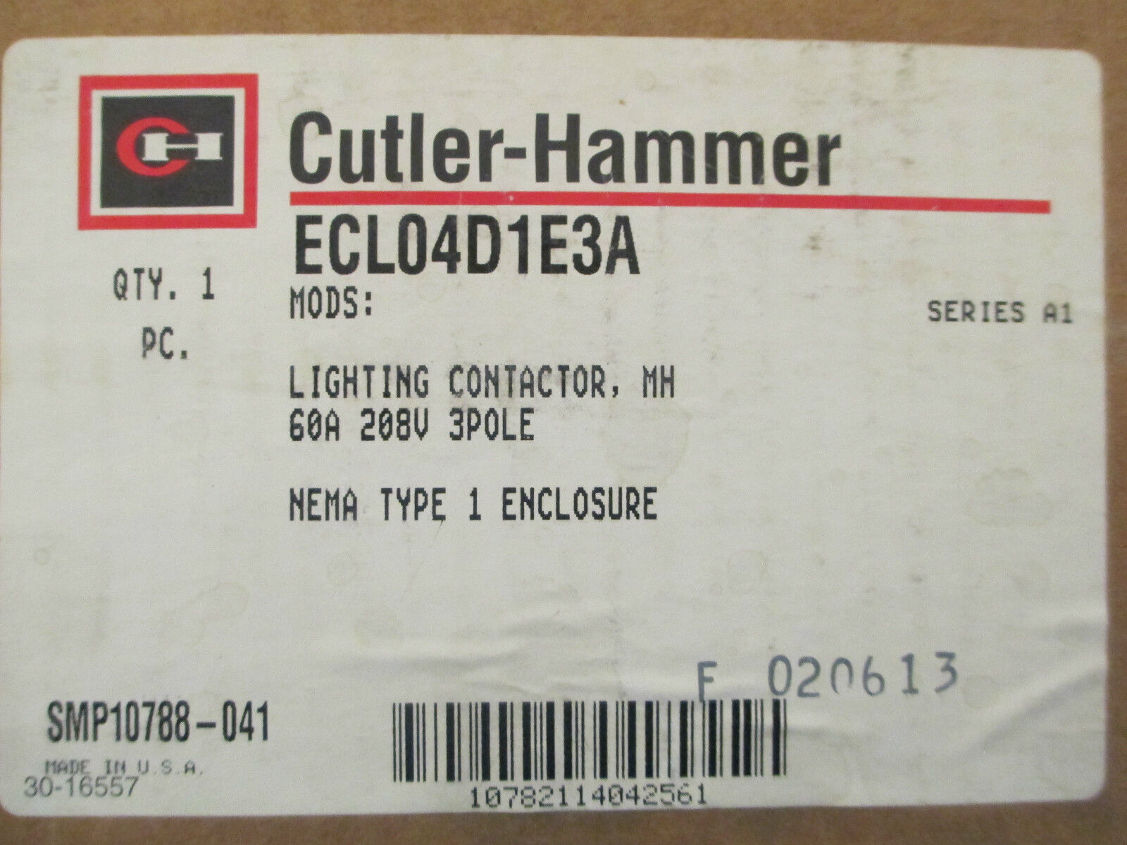 Cutler-Hammer Lighting Contactor, ECL04D1E3A, 60A, 208V 3Pole, New Surplus