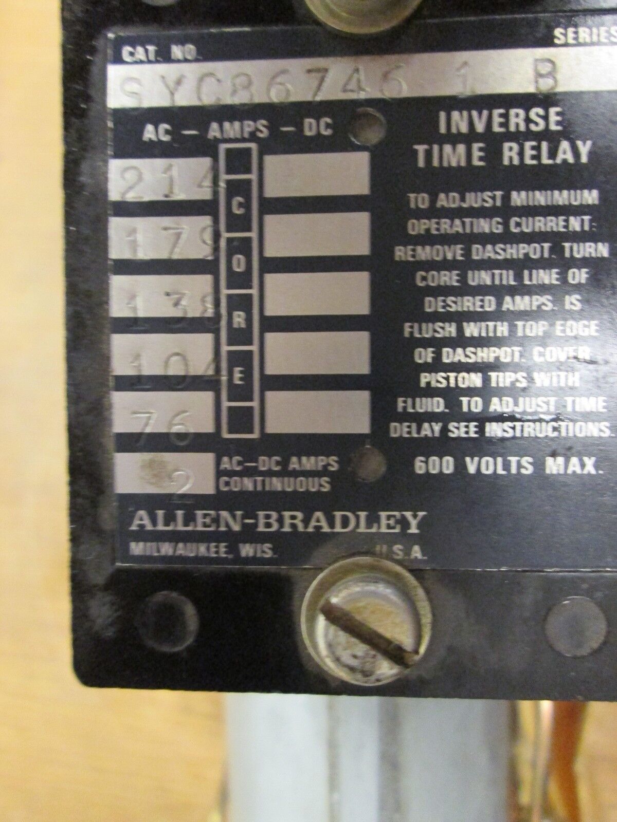 Allen-Bradley Inverse Time Relay SYC86746-1 600V Used