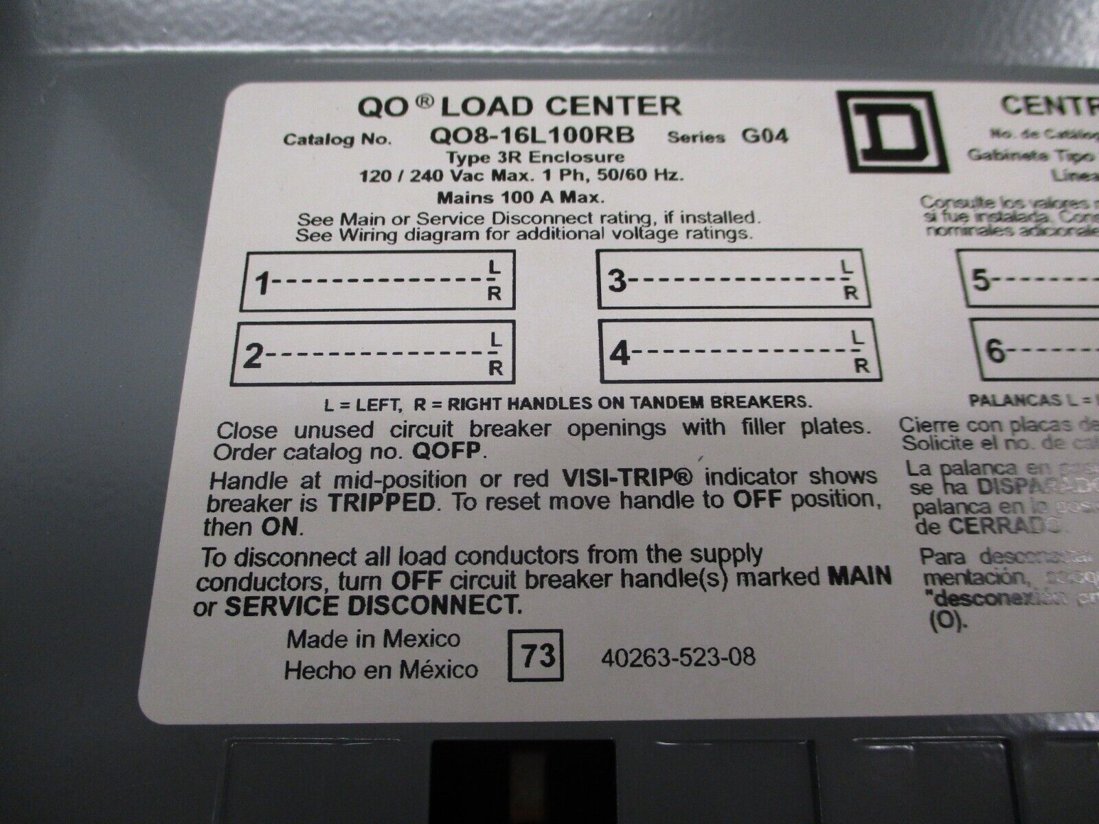 Square D Outdoor Load Center QOB816L100RB Ser. G04 100A 120/240V 1Ph 50/60Hz