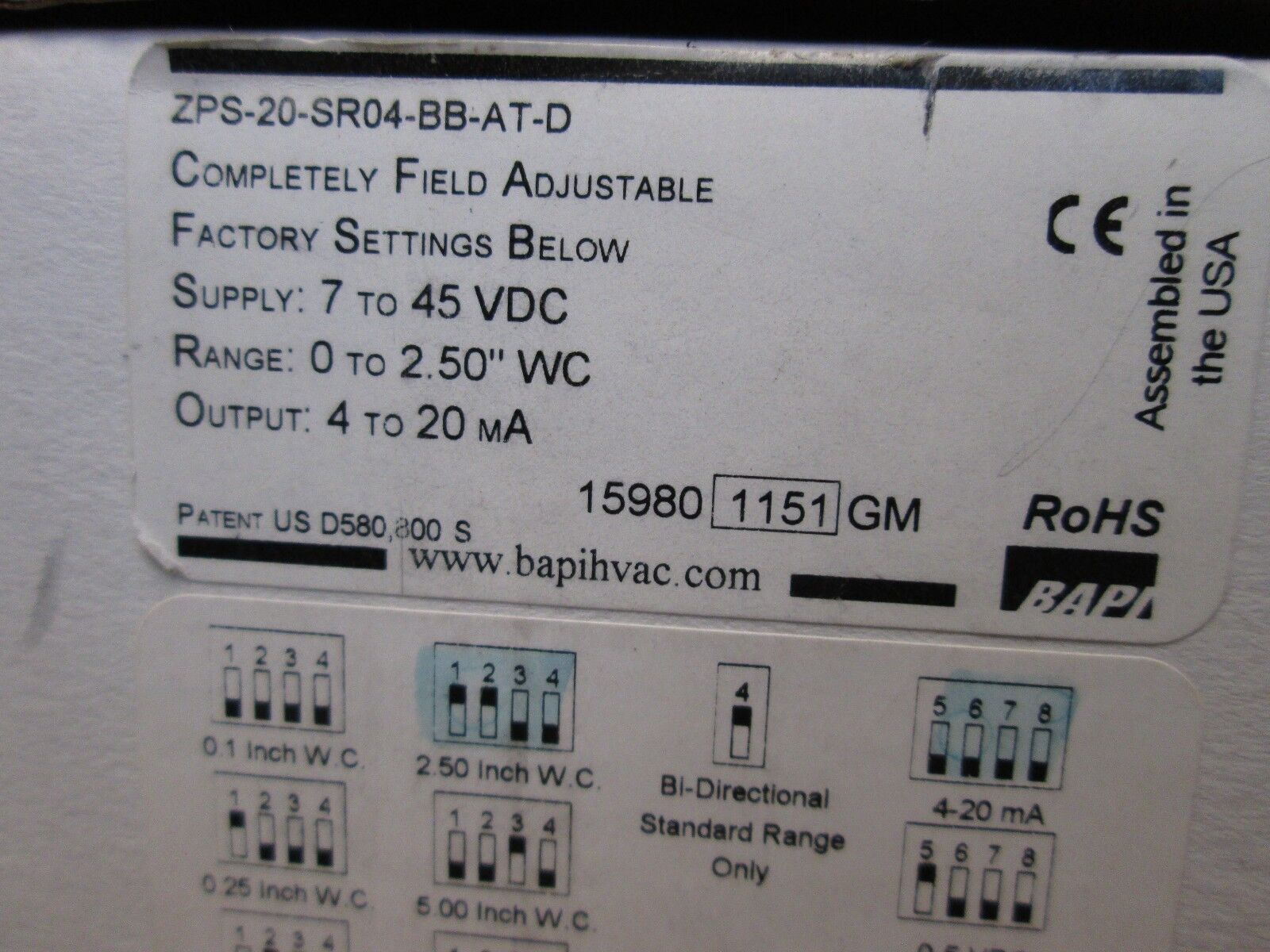 BAPI Differential Pressure Transmitter ZPS-20-SR04-BB-AT-D Supply 7 to 45VDC New