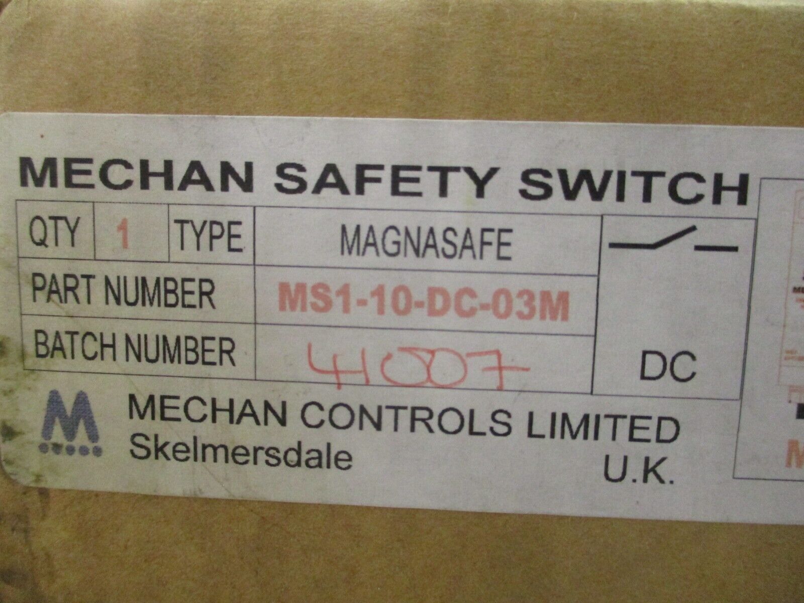 Mechon Magnasafe Safety Switch MS1-10-DR-03M New Surplus