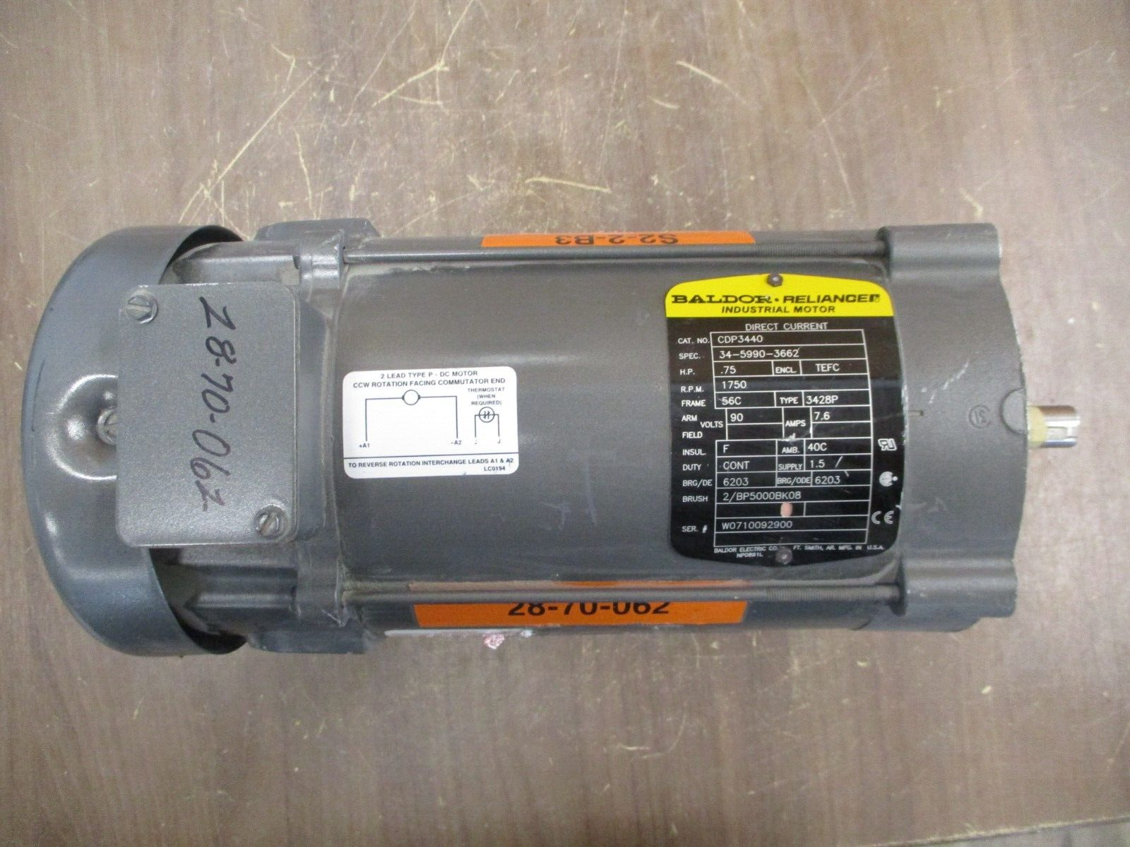 Baldor Type 3428P DC Motor CDP3440 0.75HP 1800RPM 90V 7.6A 56C Frame Used