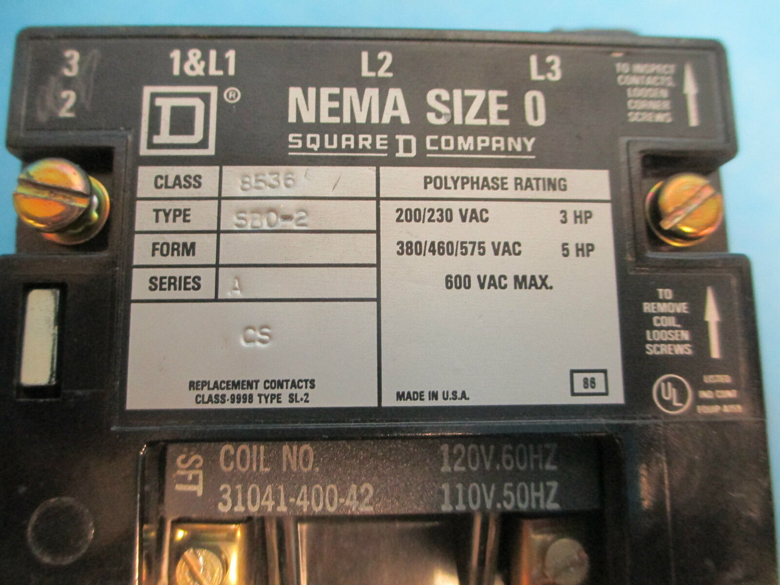 Square D Starter 8536SL0-2, Size 0 3P 120V Coil Thermal Overload