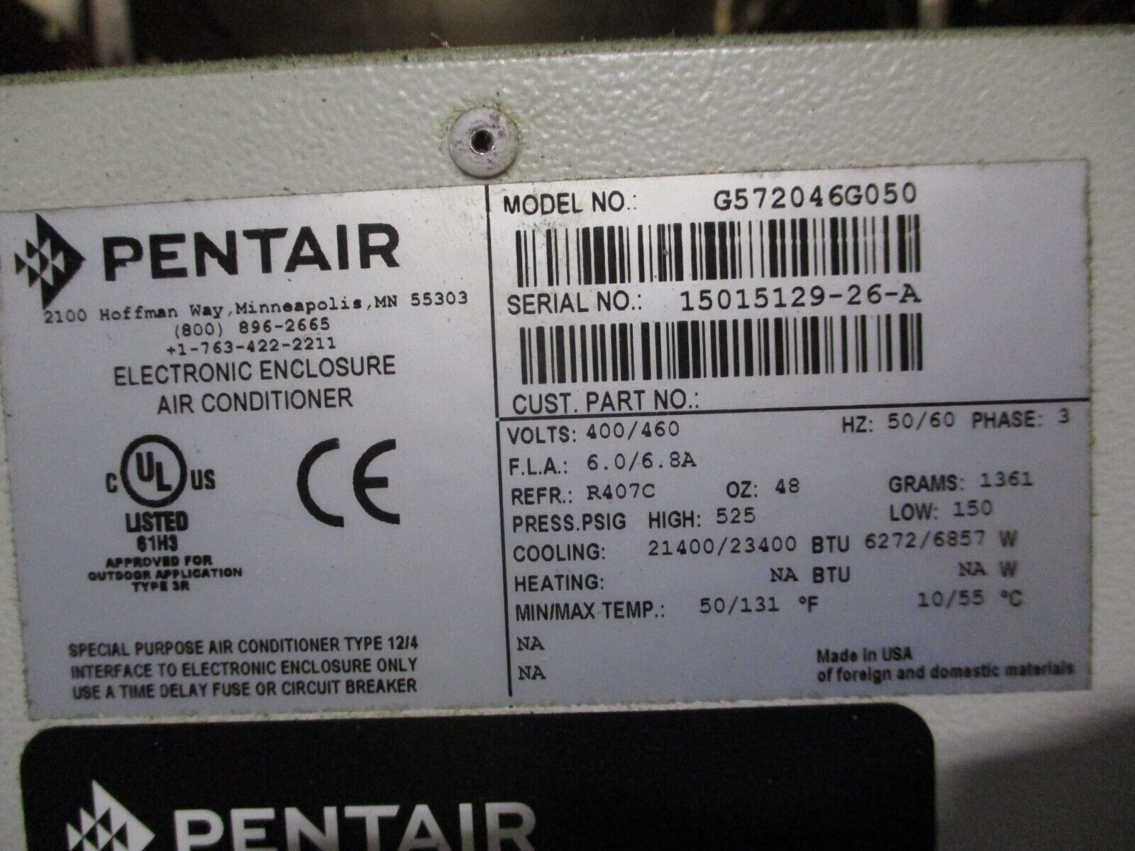 Pentair Electronic Enclosure Air Conditioner G572046G050 400/460V 50/60Hz 3Ph