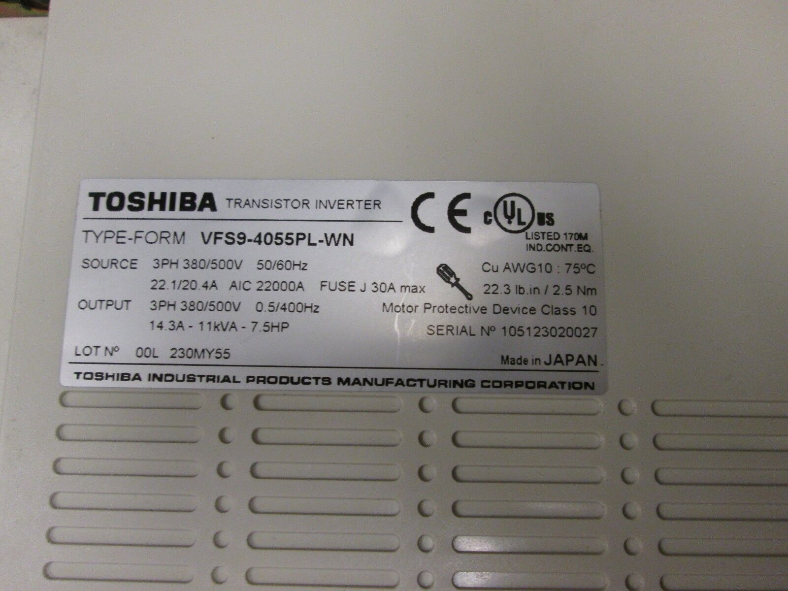 Toshiba Transistor Inverter AC Drive VFS9-4055PL-WN 7.5HP Used