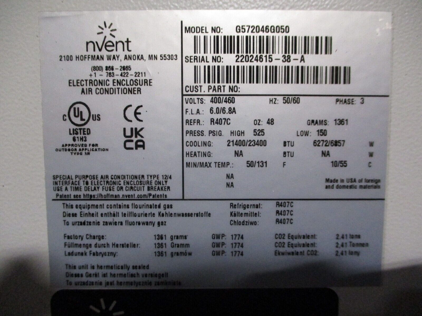 nVent Electronic Enclosure Air Conditioner G572046G050 400/460V 50/60Hz 3Ph Used