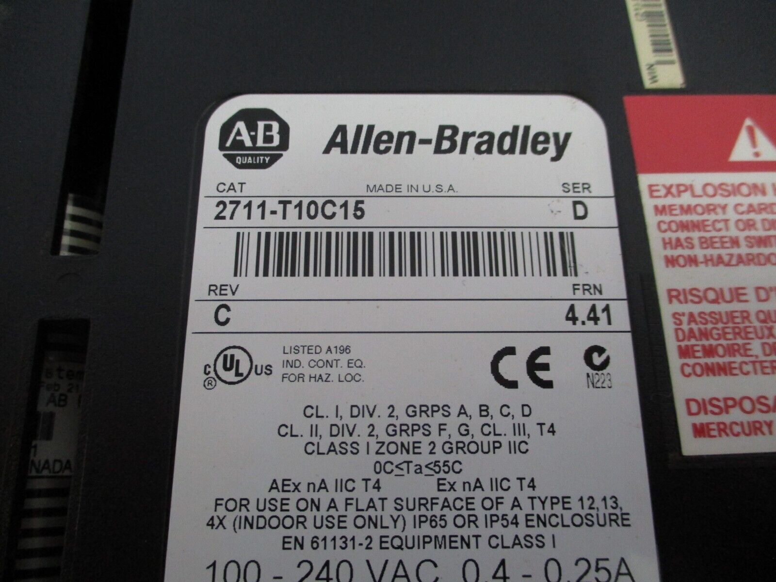 Allen-Bradley PanelView 1000 2711-T10C15 Ser. D Rev. C FRN: 4.41 Used