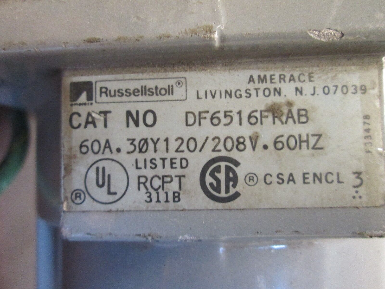 Russellstoll Receptacle w/Angle Adapter DF6516FRAB 60A 120/208V 5W Used