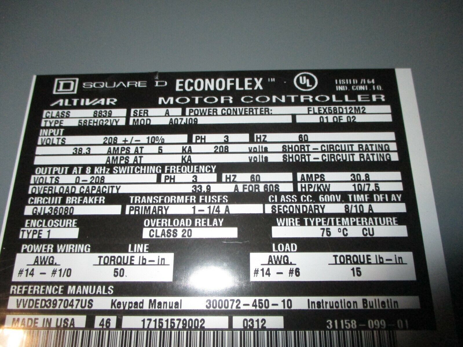 Square D Altivar Econoflex AC Drive 8839 58EHG2VY FLEX58D12M2 MODA07J09 10HP 3Ph