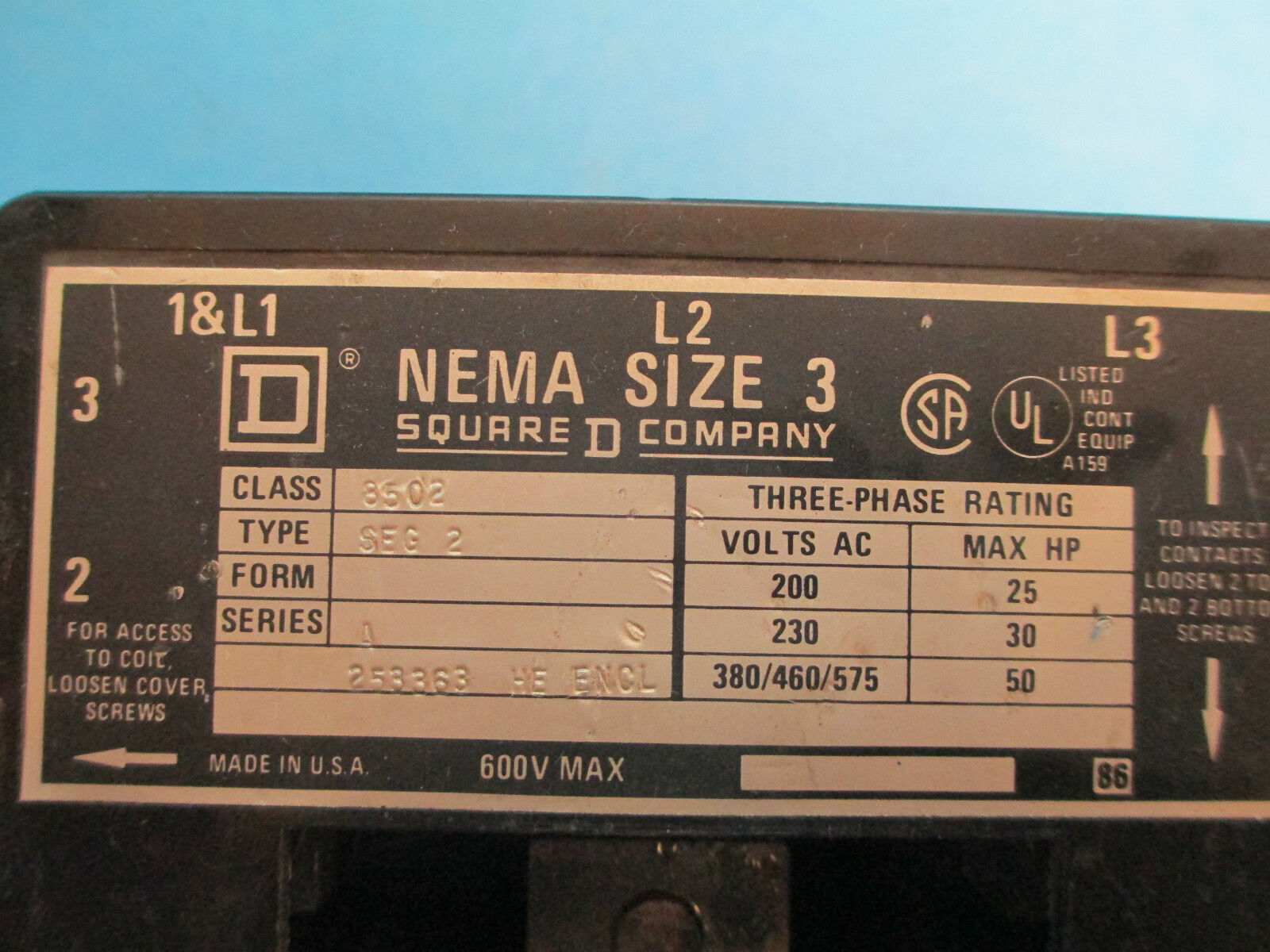 Square D Size 3 Contactor 8502SEG2, No coil