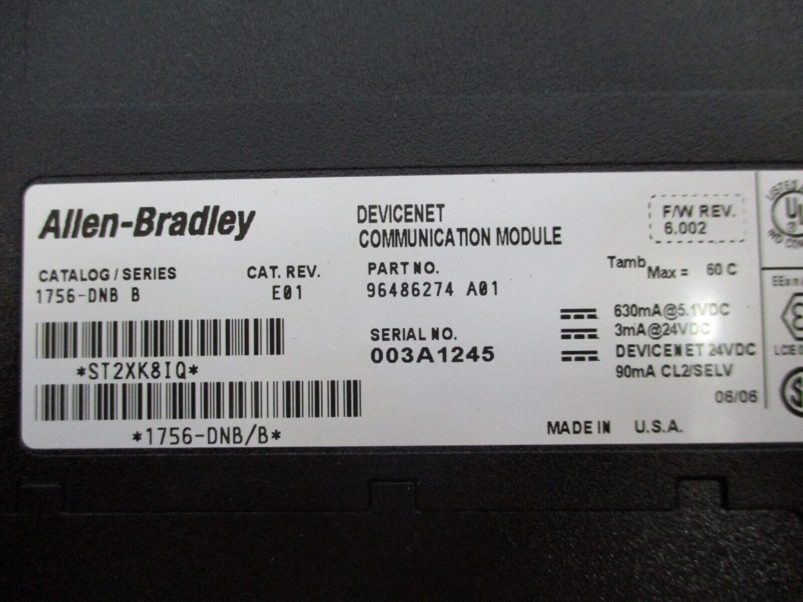 Allen-Bradley DeviceNet Comm. Module 1756-DNB Ser. B Rev. E01 F/W Rev: 6.002