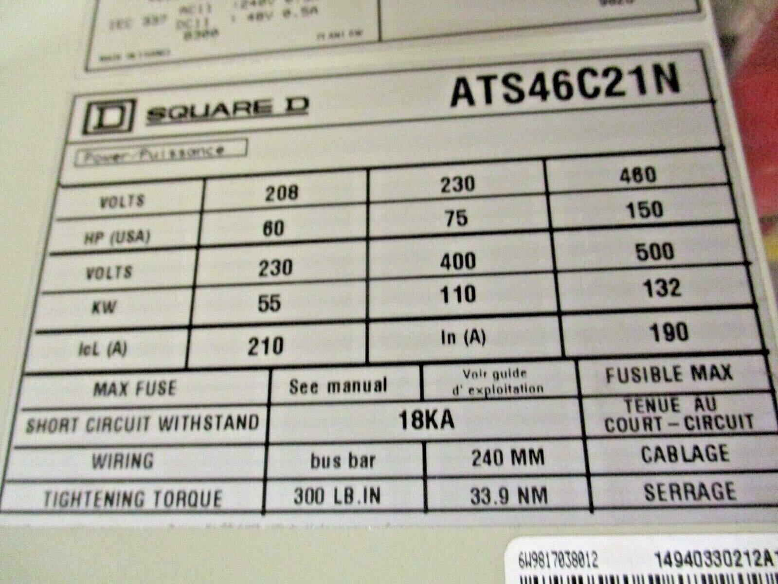 Square D Altivar 46 Soft Start ATS46C21N 150HP 460V 190A 50/60Hz Used