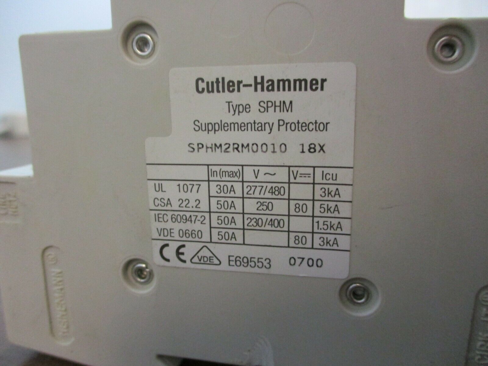 Cutler-Hammer Supplementary Protector SPHM2RM001018X 30A 277/480V 2P Used