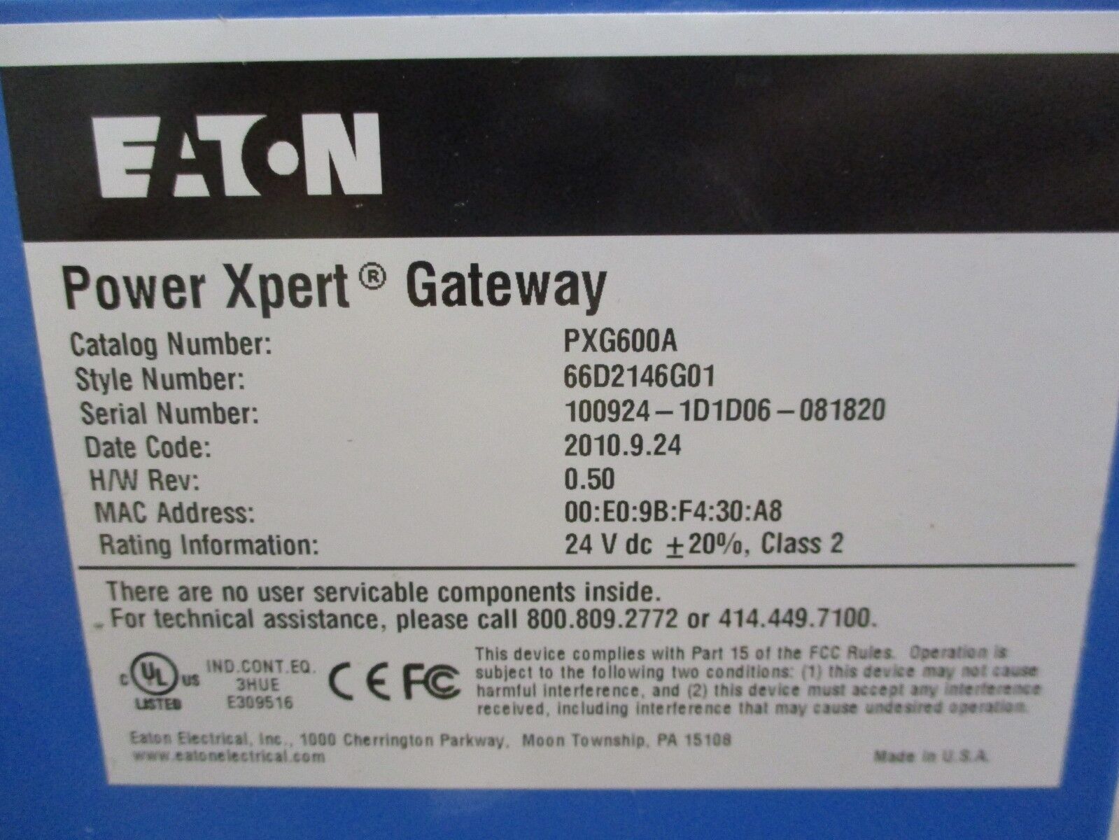 Eaton Power Xpert Gateway PXG600A Rev. 0.50 24VDC Used