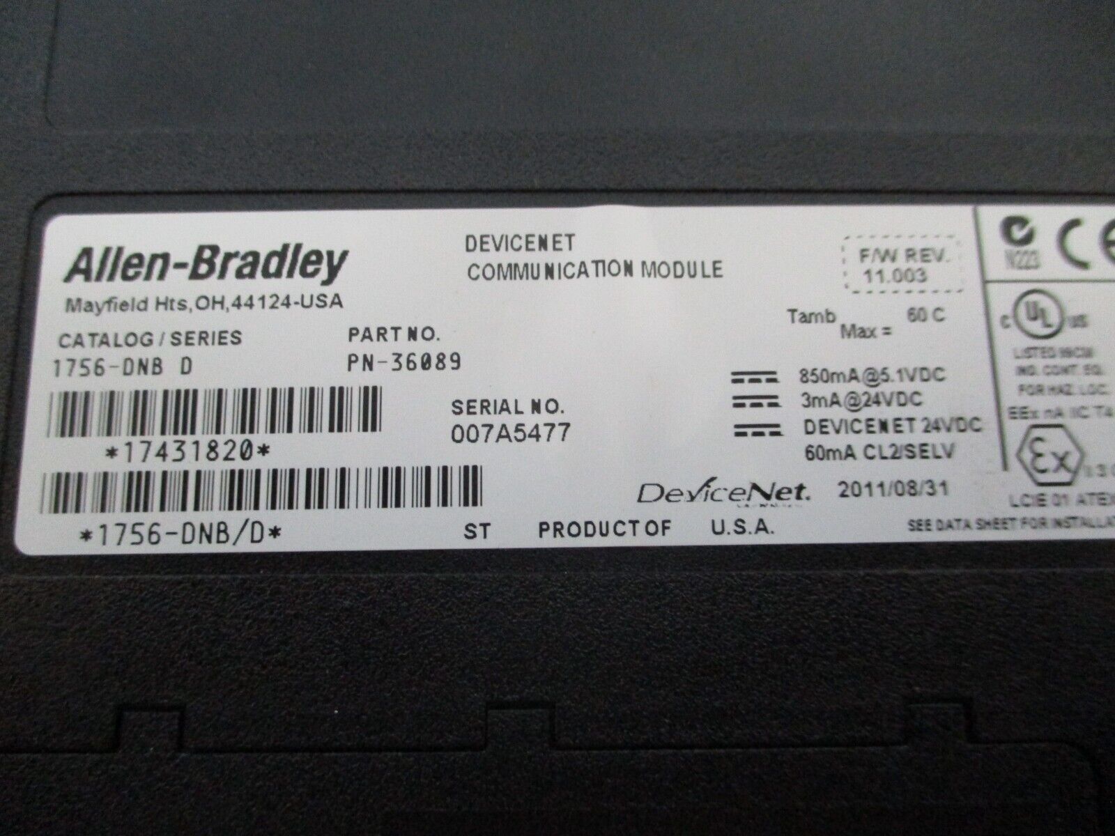 Allen-Bradley DeviceNet Comm. Module 1756-DNB Ser. D F/W Rev. 11.003 Used