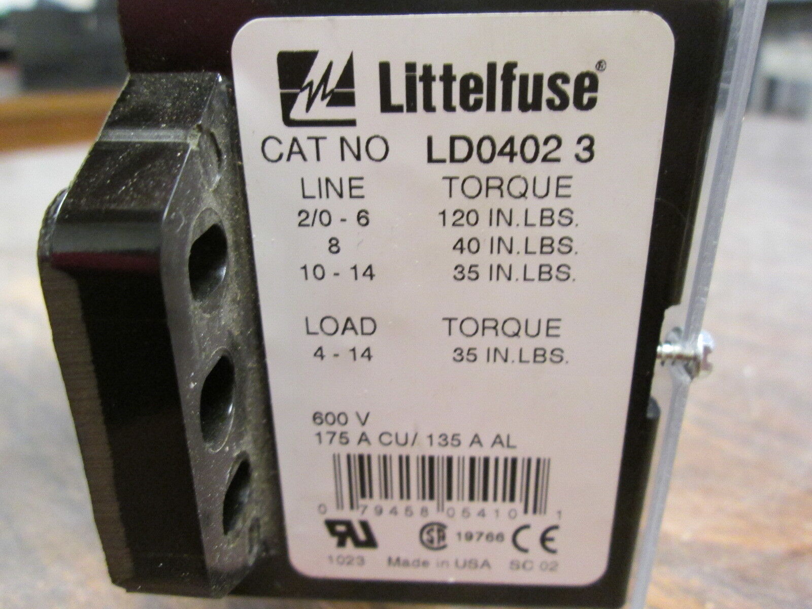 Littelfuse Power Distribution Block LD0402 3 175A 600V 3P Used